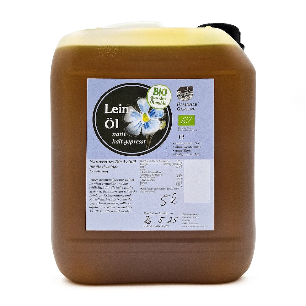 5-Liter-Kanister Bio-Leinöl der Ölmühle Garting mit Produktetikett.