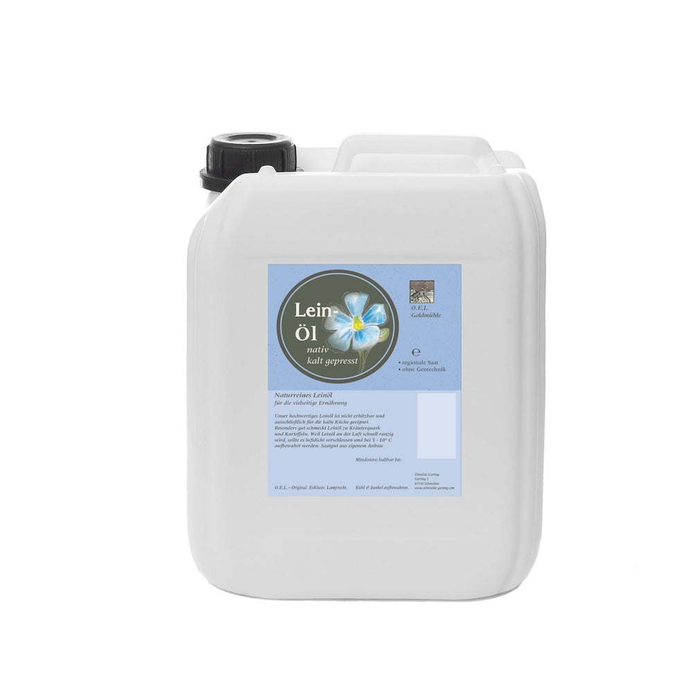 Leinöl der Ölmühle Garting im 5-Liter-Kanister mit Produktetikett.