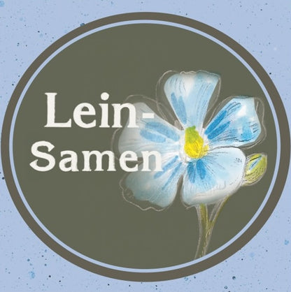 Produktlogo „Leinsamen“ der Ölmühle Garting mit stilisierter Leinblüte.