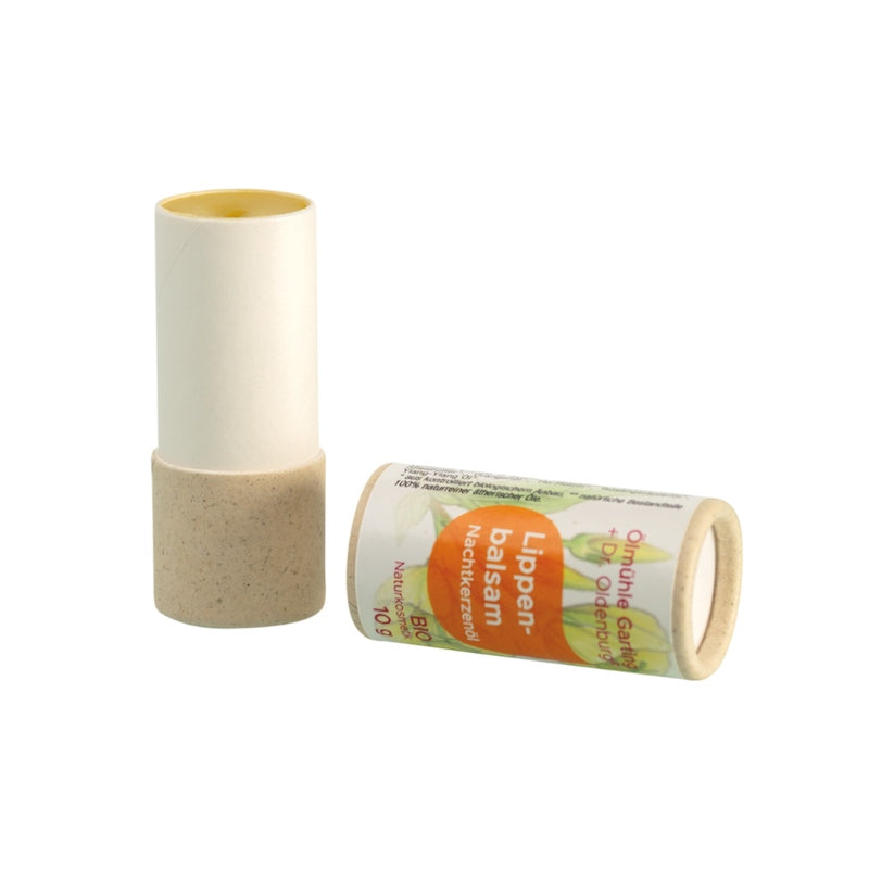 Bio Lippenbalsam mit Nachtkerzenöl, natürlich und vegan, Naturkosmetik, Ölmühle Garting und Dr. Oldenburg, Lippenstift geöffnet auf weißem Hintergrund