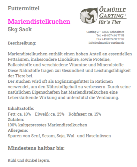 Etikett des Mariendistelkuchen