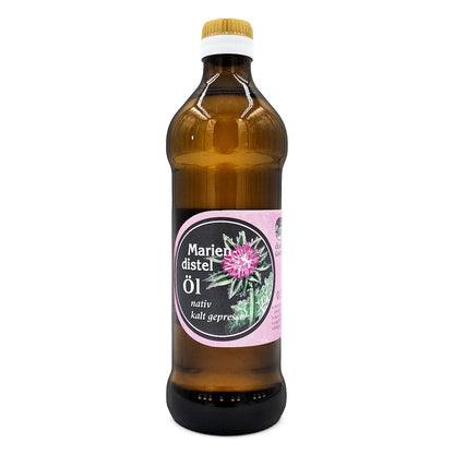 Mariendistelöl nativ kaltgepresst, 500 ml in brauner Glasflasche der Ölmühle Garting auf weißem Hintergrund 