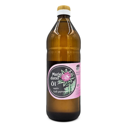 Mariendistelöl nativ kaltgepresst, 750 ml in brauner Glasflasche der Ölmühle Garting auf weißem Hintergrund