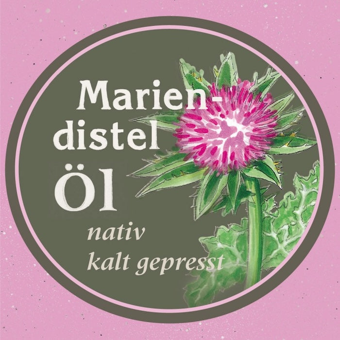 Design des Mariendistelöl nativ kaltgepresst für Tiere, Ölmühle Garting mit illustrierter Mariendistelpflanze