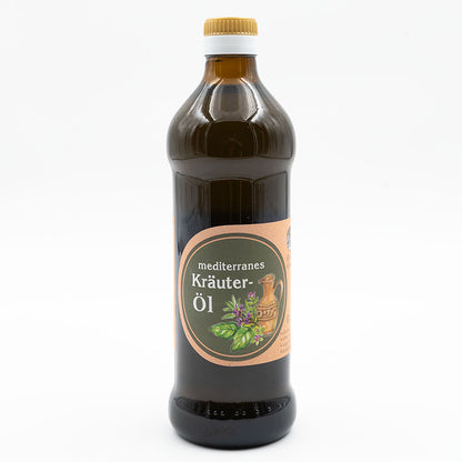 Mediterranes Kräuteröl nativ kaltgepresst, 500 ml in brauner Glasflasche der Ölmühle Garting auf weißem Hintergrund 