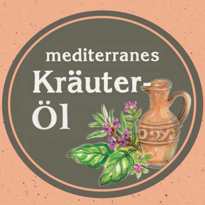 Etikett des Mediterranen Kräuteröls nativ kaltgepresst: Ölmühle Garting mit gezeichneten Kräutern und einer Tonvase auf hellorangem Hintergrund