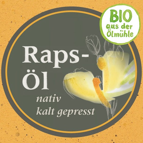 Produktlabel für natives kaltgepresstes Rapsöl der Ölmühle Garting mit stilisierter Rapsblüte
