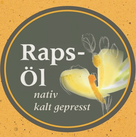 Produktlabel für natives kaltgepresstes Rapsöl der Ölmühle Garting mit stilisierter gelber Rapsblüte