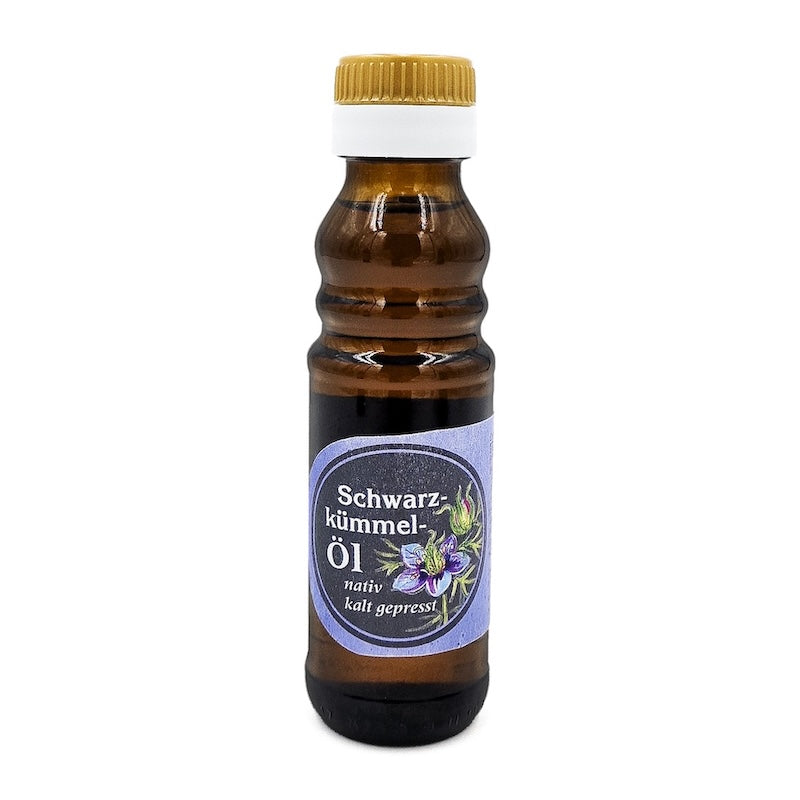100-ml-Flasche Schwarzkümmelöl der Ölmühle Garting aus Braunglas mit Produktetikett.