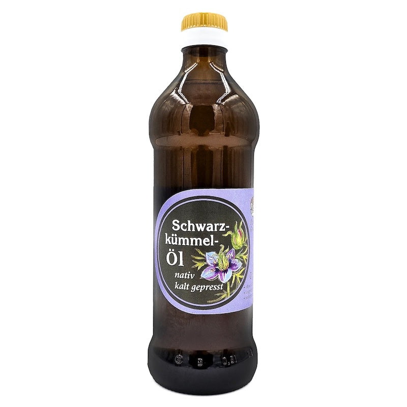 500-ml-Flasche Schwarzkümmelöl der Ölmühle Garting aus Braunglas mit Produktetikett.