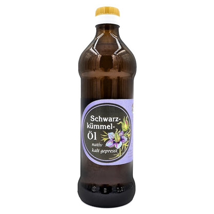 500-ml-Flasche Schwarzkümmelöl der Ölmühle Garting aus Braunglas mit Produktetikett.