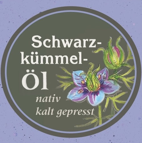 Produktgrafik des Schwarzkümmelöls der Ölmühle Garting mit Illustration einer Schwarzkümmelblüte.