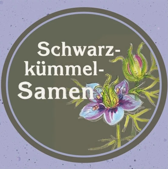 Produktlabel der Schwarzkümmelsamen der Ölmühle Garting mit Illustration der Schwarzkümmelpflanze.