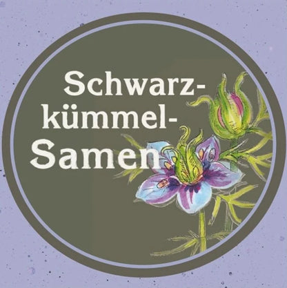 Produktlabel der Schwarzkümmelsamen der Ölmühle Garting mit Illustration der Schwarzkümmelpflanze.