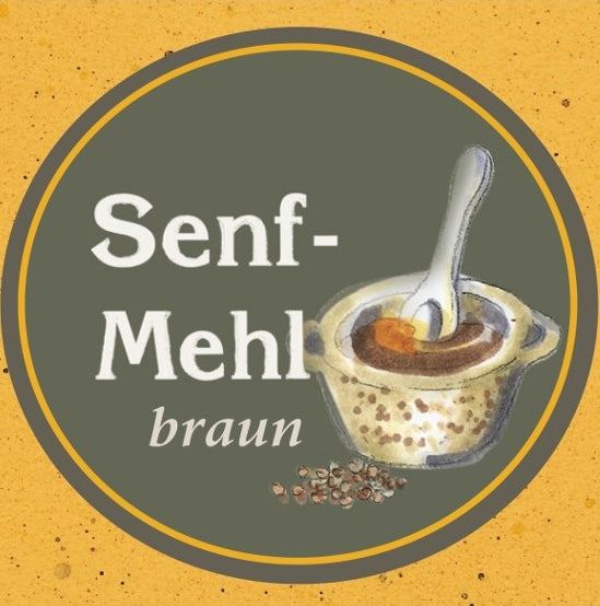 Illustration eines Mörsers mit Senfmehl und der Aufschrift Senfmehl braun