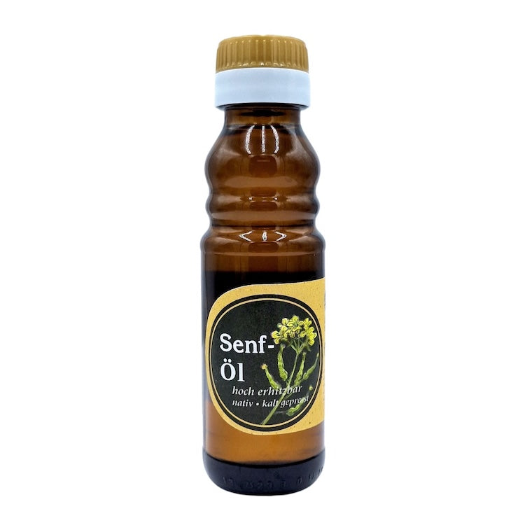 Natives kaltgepresstes Senföl der Ölmühle Garting in brauner 100-ml-Glasflasche