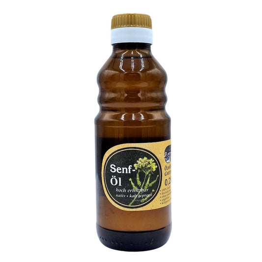 Natives kaltgepresstes Senföl der Ölmühle Garting in brauner 250-ml-Glasflasche