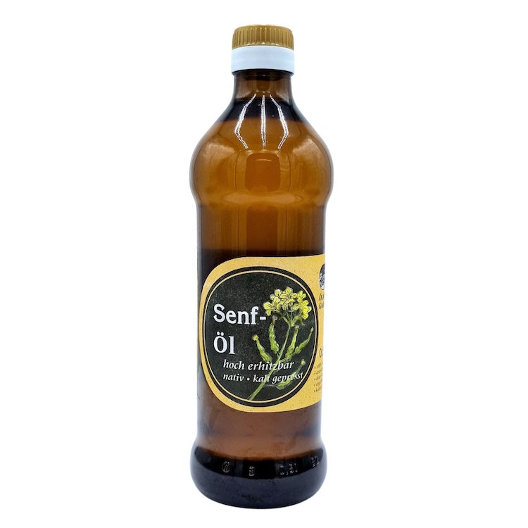 Natives kaltgepresstes Senföl der Ölmühle Garting in brauner 500-ml-Glasflasche