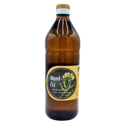 Natives kaltgepresstes Senföl der Ölmühle Garting in brauner 750-ml-Glasflasche