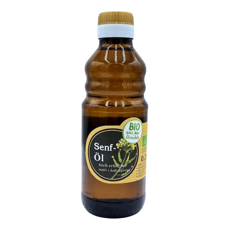 Natives kaltgepresstes Bio-Senföl der Ölmühle Garting in brauner 250-ml-Glasflasche