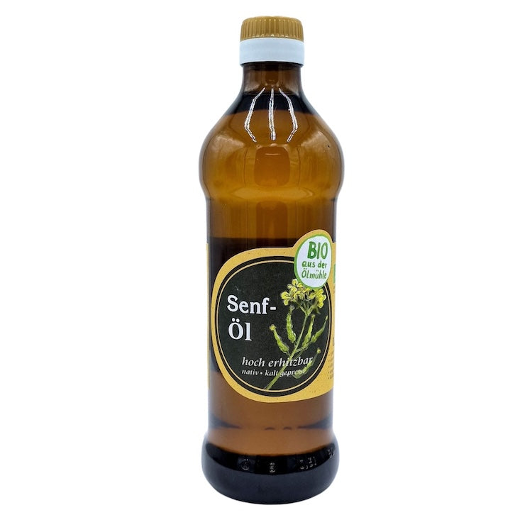 Natives kaltgepresstes Bio-Senföl der Ölmühle Garting in brauner 500-ml-Glasflasche