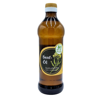 Natives kaltgepresstes Bio-Senföl der Ölmühle Garting in brauner 500-ml-Glasflasche