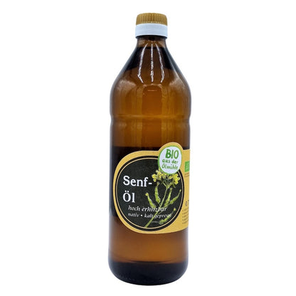 Natives kaltgepresstes Bio-Senföl der Ölmühle Garting in brauner 750-ml-Glasflasche