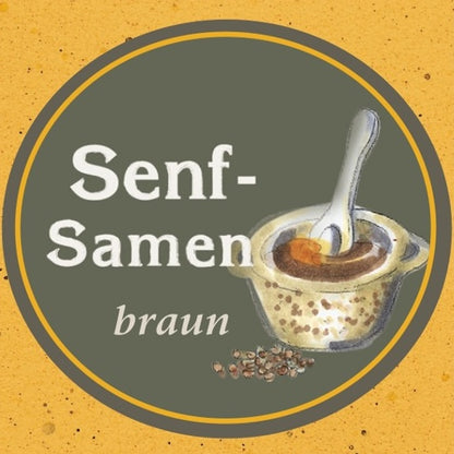 Illustration eines Mörsers mit Senfkörnern und der Aufschrift Senfsamen braun