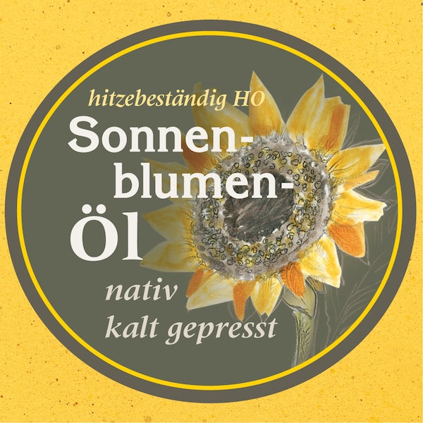 Illustration einer Sonnenblume mit der Aufschrift „Sonnenblumenöl – hitzebeständig HO, nativ, kaltgepresst“