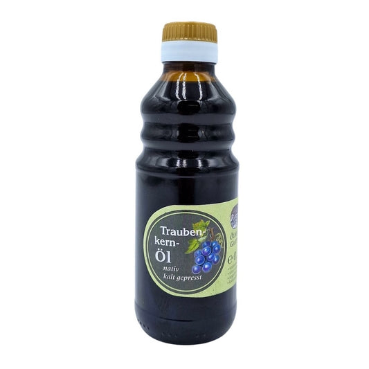 Natives kaltgepresstes Traubenkernöl der Ölmühle Garting in brauner 250-ml-Glasflasche
