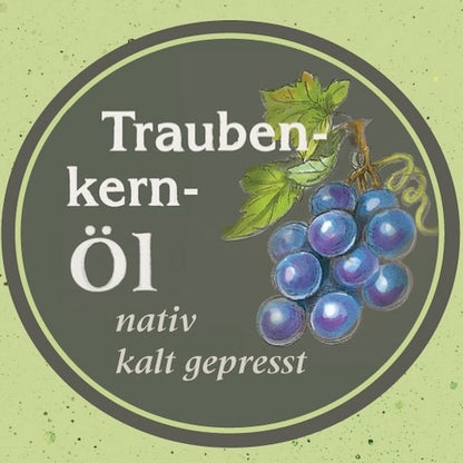 Illustration einer blauen Weintraube mit der Aufschrift „Traubenkernöl – nativ, kalt gepresst“