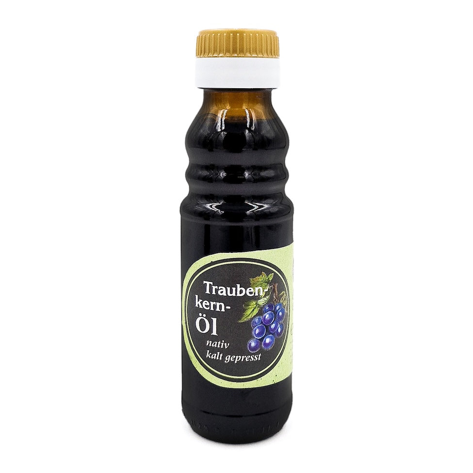 Natives kaltgepresstes Traubenkernöl der Ölmühle Garting in brauner 100-ml-Glasflasche