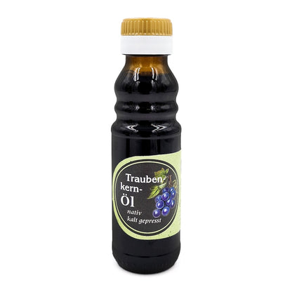 Natives kaltgepresstes Traubenkernöl der Ölmühle Garting in brauner 100-ml-Glasflasche