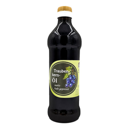 Natives kaltgepresstes Traubenkernöl der Ölmühle Garting in brauner 500-ml-Glasflasche