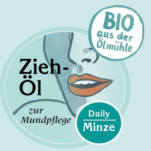 Etikett des Bio Ziehöl Minze Daily zur Mundpflege, mit Biosiegel der Ölmühle Garting und illustriertem Mund auf hellblauem Hintergrund