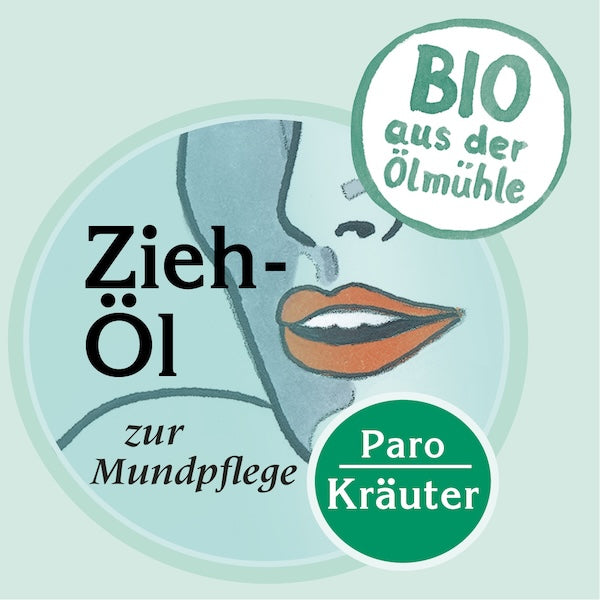 Etikett des Bio Ziehöl Kräuter Paro zur Mundpflege, mit Biosiegel der Ölmühle Garting und illustriertem Mund auf hellblauem Hintergrund