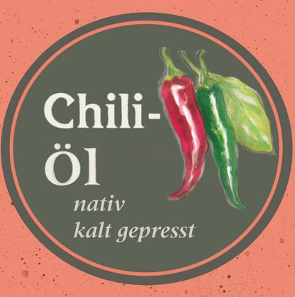 Illustration einer roten und grünen Chilischote mit der Aufschrift „Chiliöl – nativ, kaltgepresst“