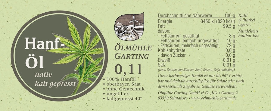 Etikett des nativen, kaltgepressten Hanföls der Ölmühle Garting mit Nährwertangaben und Fettsäurezusammensetzung