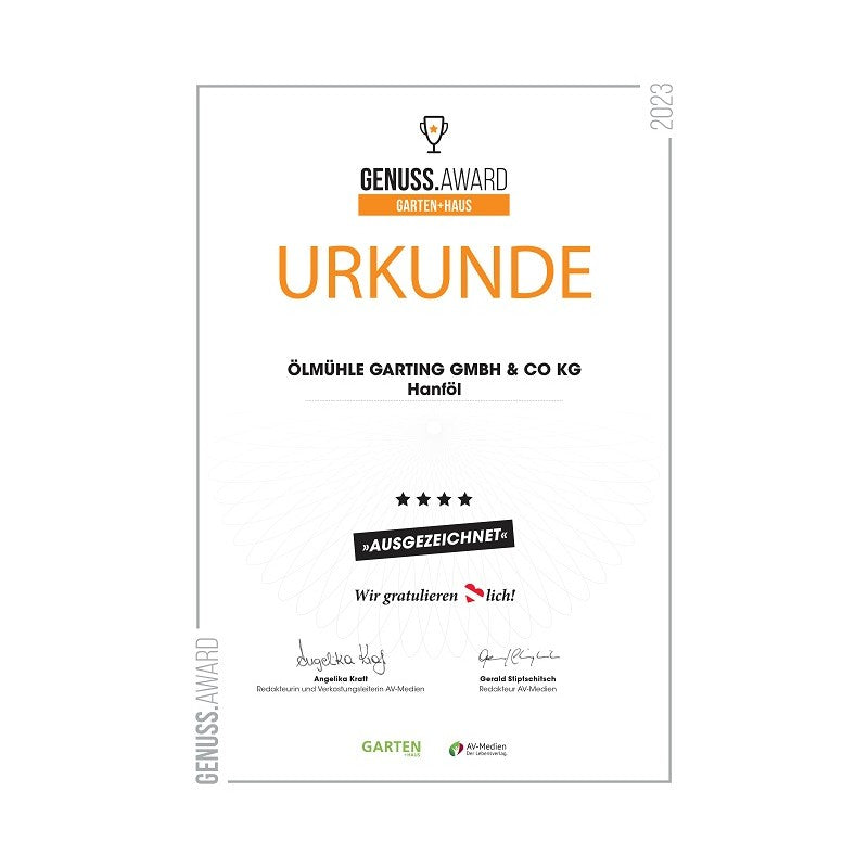 Genuss Award Hanfoel Auszeichnung bzw. Urkunde für die Ölmühle Garting