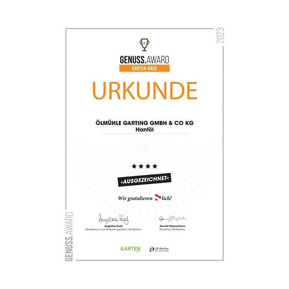 Genuss Award Hanfoel Auszeichnung bzw. Urkunde für die Ölmühle Garting