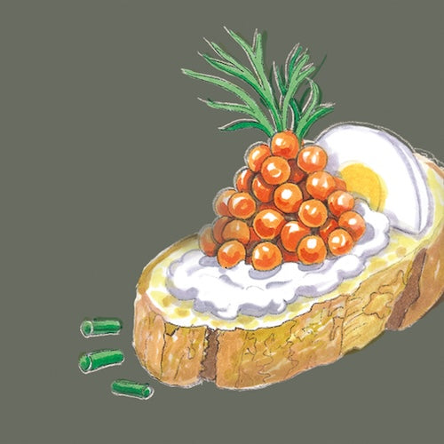 Illustration einer Baguette-Scheibe mit Ei, Senfkaviar, Butter und Rosmarin auf pastellgrünem Hintergrund, passend zur Kategorie Feinkost und Delikatessen der Ölmühle Garting.