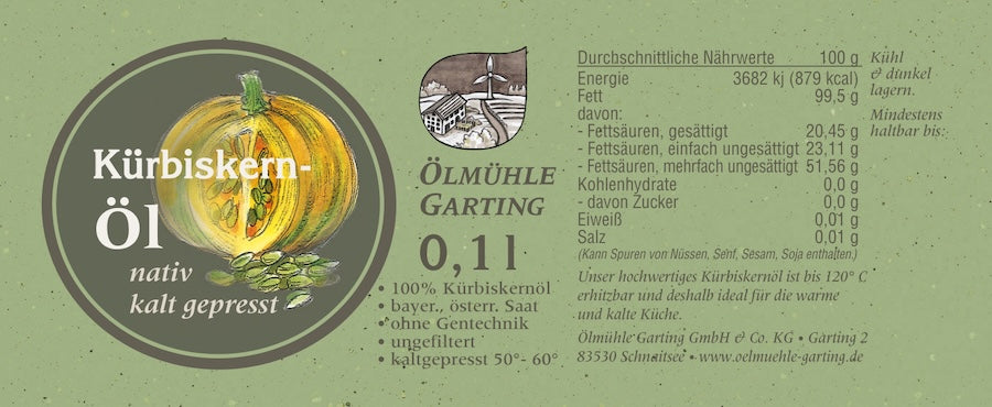 Etikett des nativen kaltgepressten Kürbiskernöls der Ölmühle Garting mit Produktangaben und Nährwerttabelle