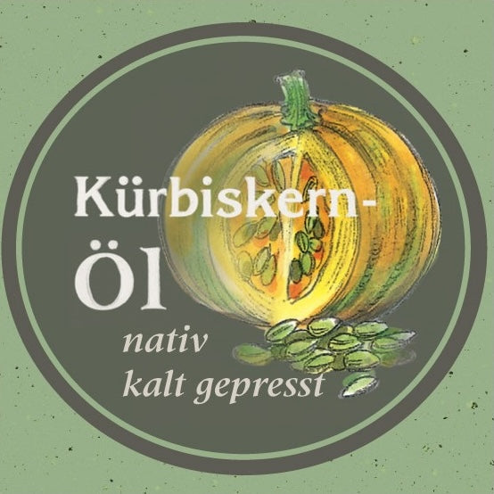 Illustration eines Kürbisses mit Kürbiskernen und der Aufschrift Kürbiskernöl – nativ, kalt gepresst