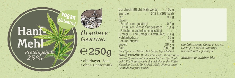 Produktetikett des Hanfmehls der Ölmühle Garting mit Nährwertangaben, Zutaten und Produktinformationen.