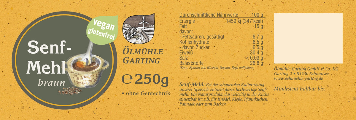 Etikett des braunen Senfmehls der Ölmühle Garting mit Kennzeichnung vegan und glutenfrei, Produktangaben und Nährwerttabelle