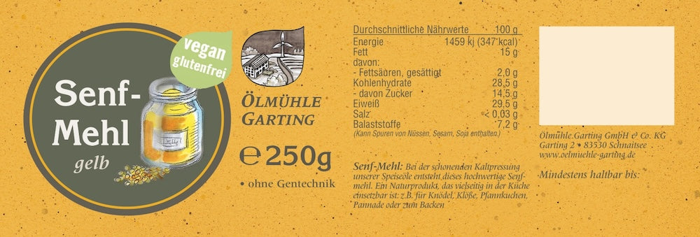 Etikett des gelben Senfmehls der Ölmühle Garting mit Kennzeichnung vegan und glutenfrei, Produktangaben und Nährwerttabelle