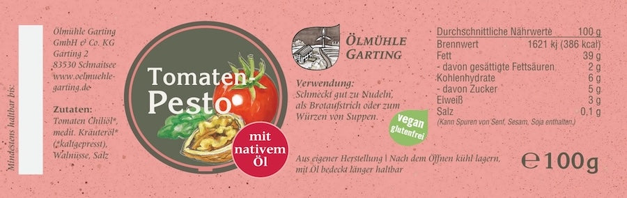 Produktetikett des Tomatenpestos der Ölmühle Garting mit Zutaten, Nährwertangaben, Verwendungshinweisen und Produktinformationen.