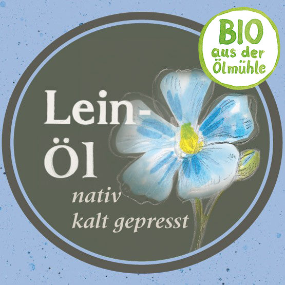 Produktlogo des Bio-Leinöls der Ölmühle Garting mit Leinblüte und dem Hinweis „Bio aus der Ölmühle“.