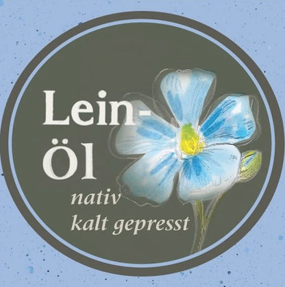 Produktlogo des Leinöls der Ölmühle Garting mit stilisierter Leinblüte.