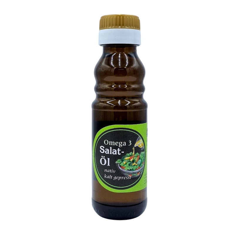100-ml-Braunglasflasche mit Omega-3 Salatöl der Ölmühle Garting – kaltgepresstes Speiseöl für die kalte Küche